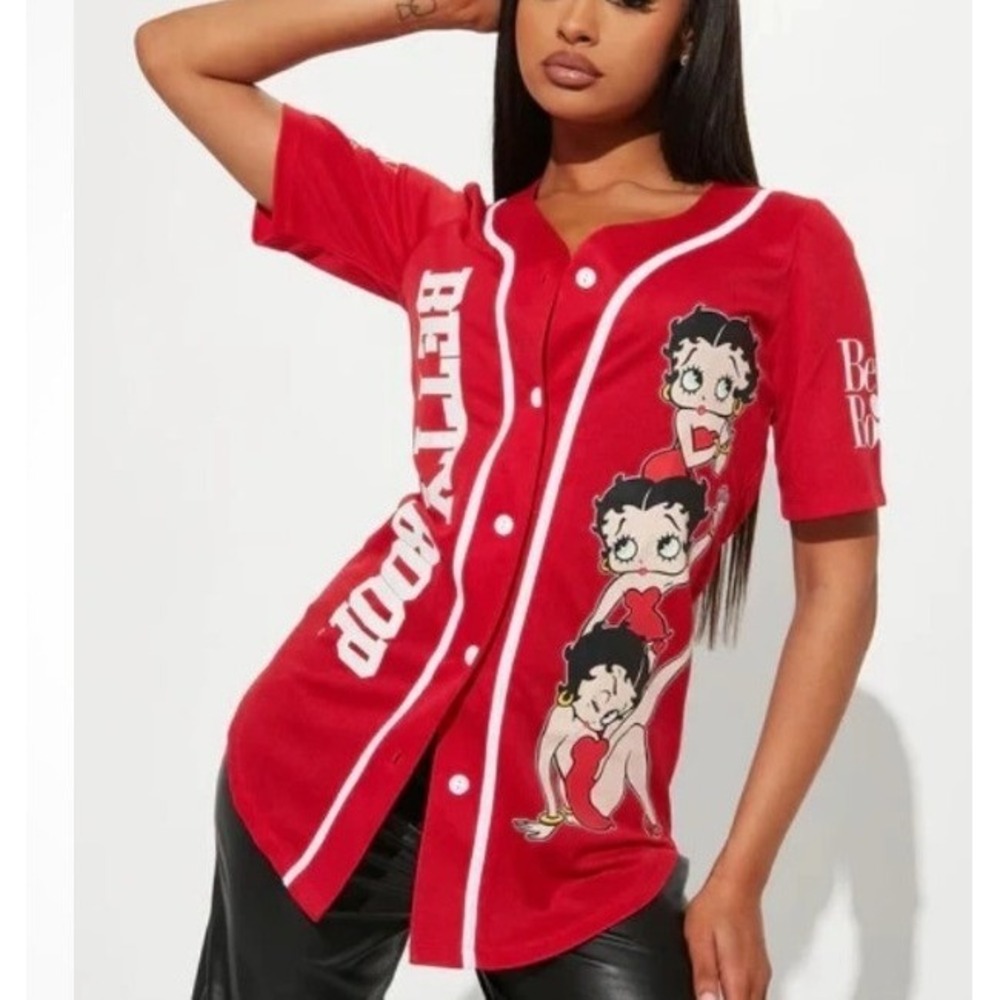 Betty Boop Red Baseball Jersey Button Down Graphic Shirt Womens Size Medium NWOT